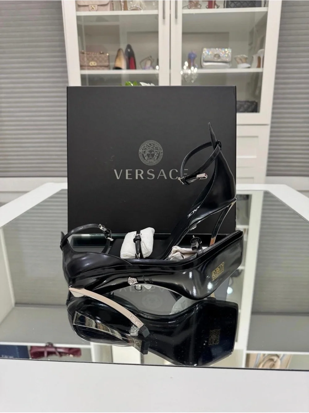 Versace Black High Heel Sandals with Silver Accents